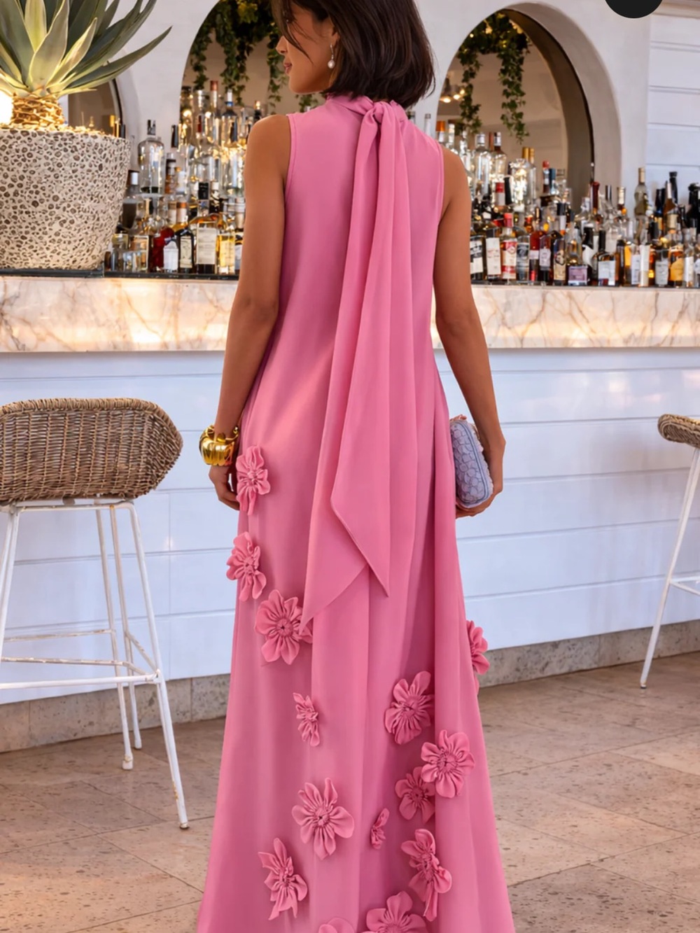 Sleeveless Pink Floral-Appliqué Maxi Dress with Back Tie